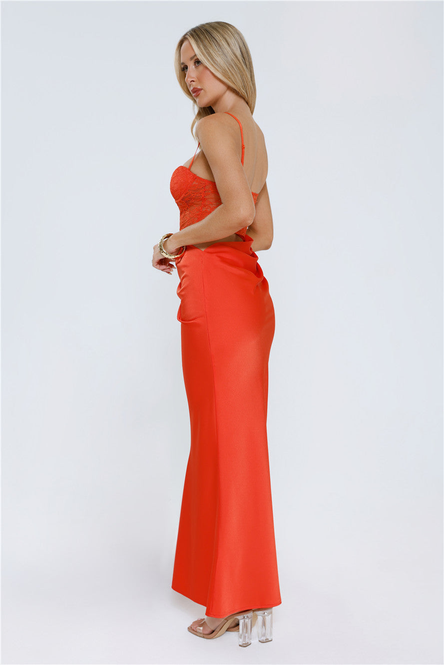 Slow Summer Nights Lace Satin Maxi Dress Tangerine