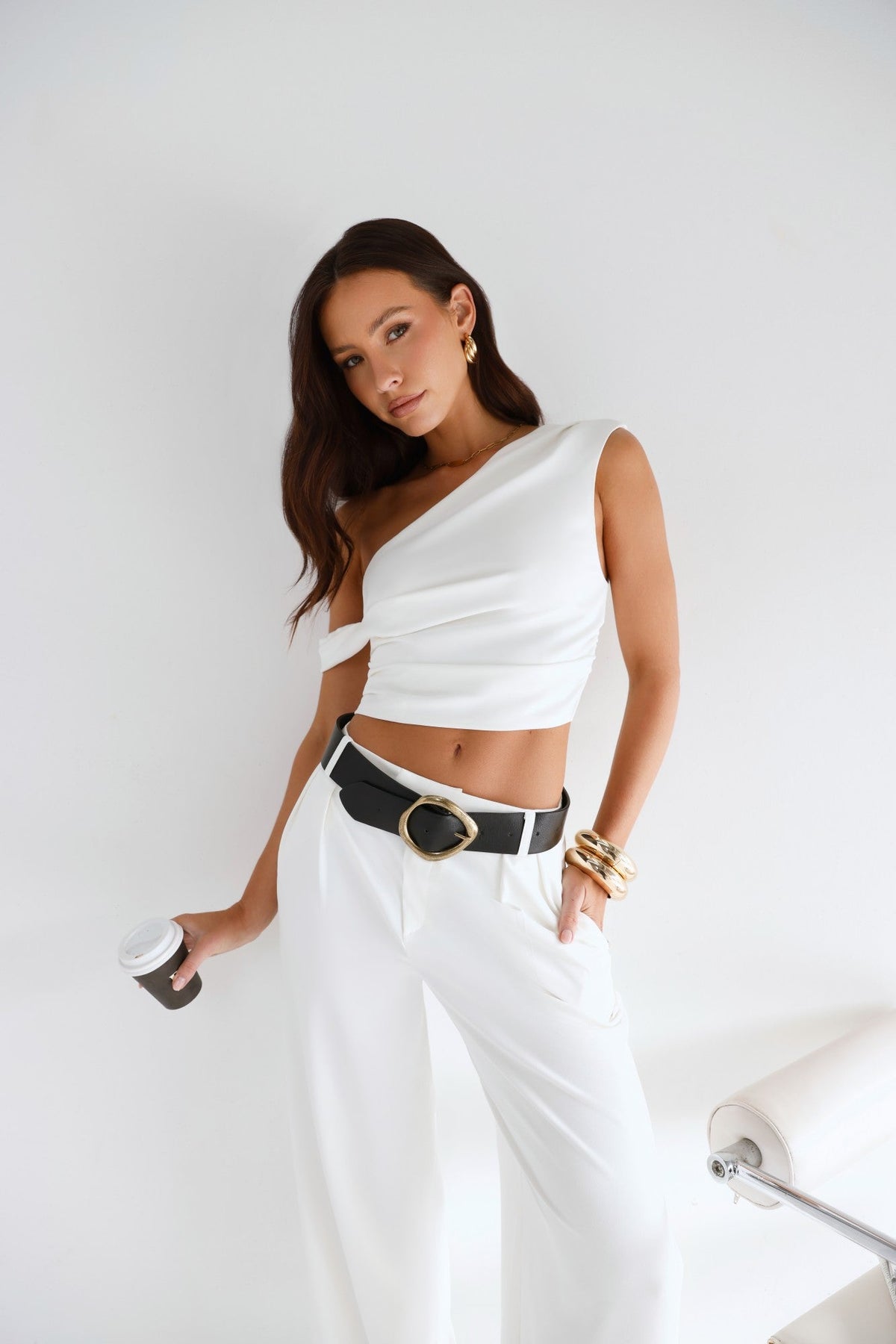 The Edit Tailored Off Shoulder Crop Top White