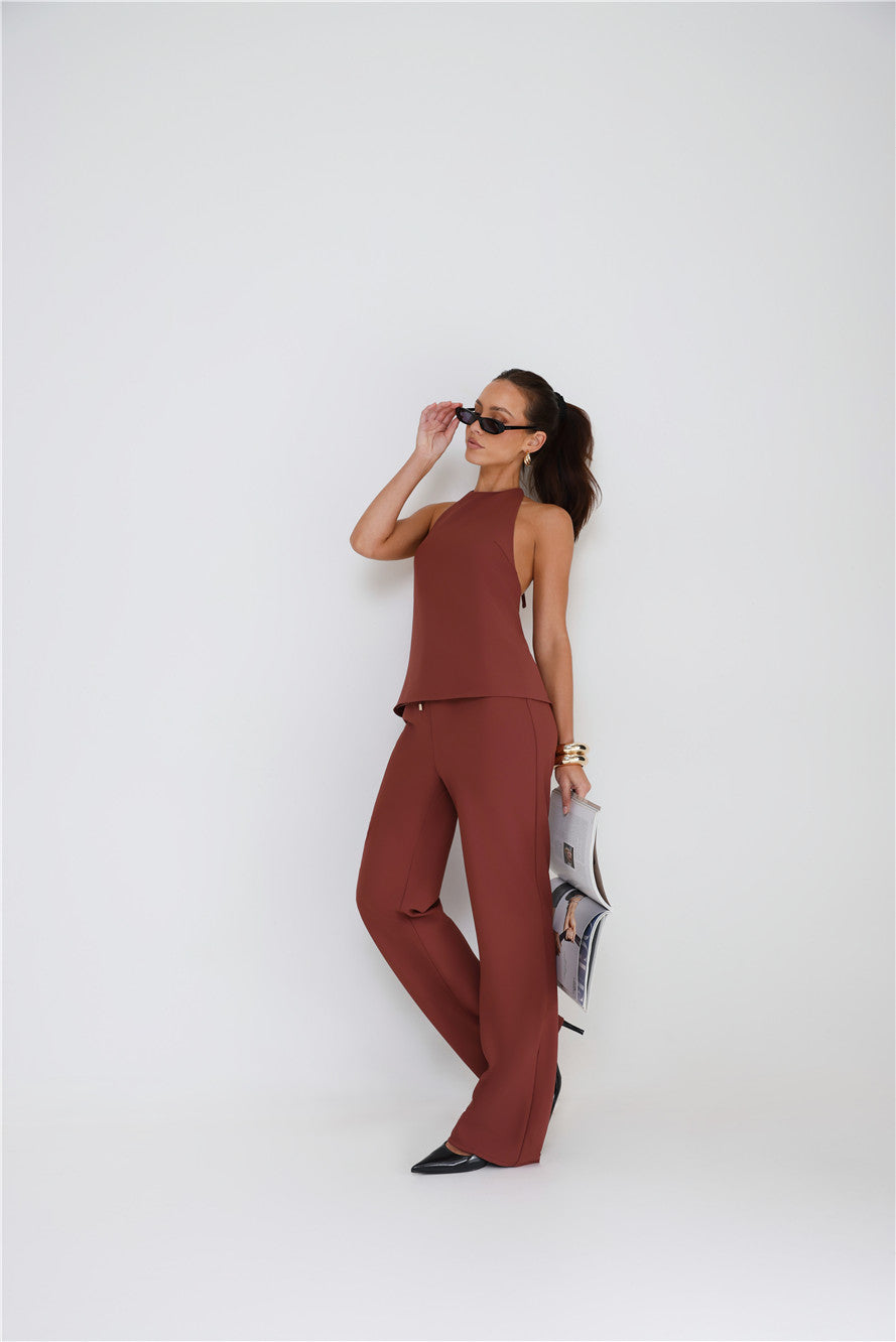 Refined Edge High Rise Straight Leg Tailored Pants Brown