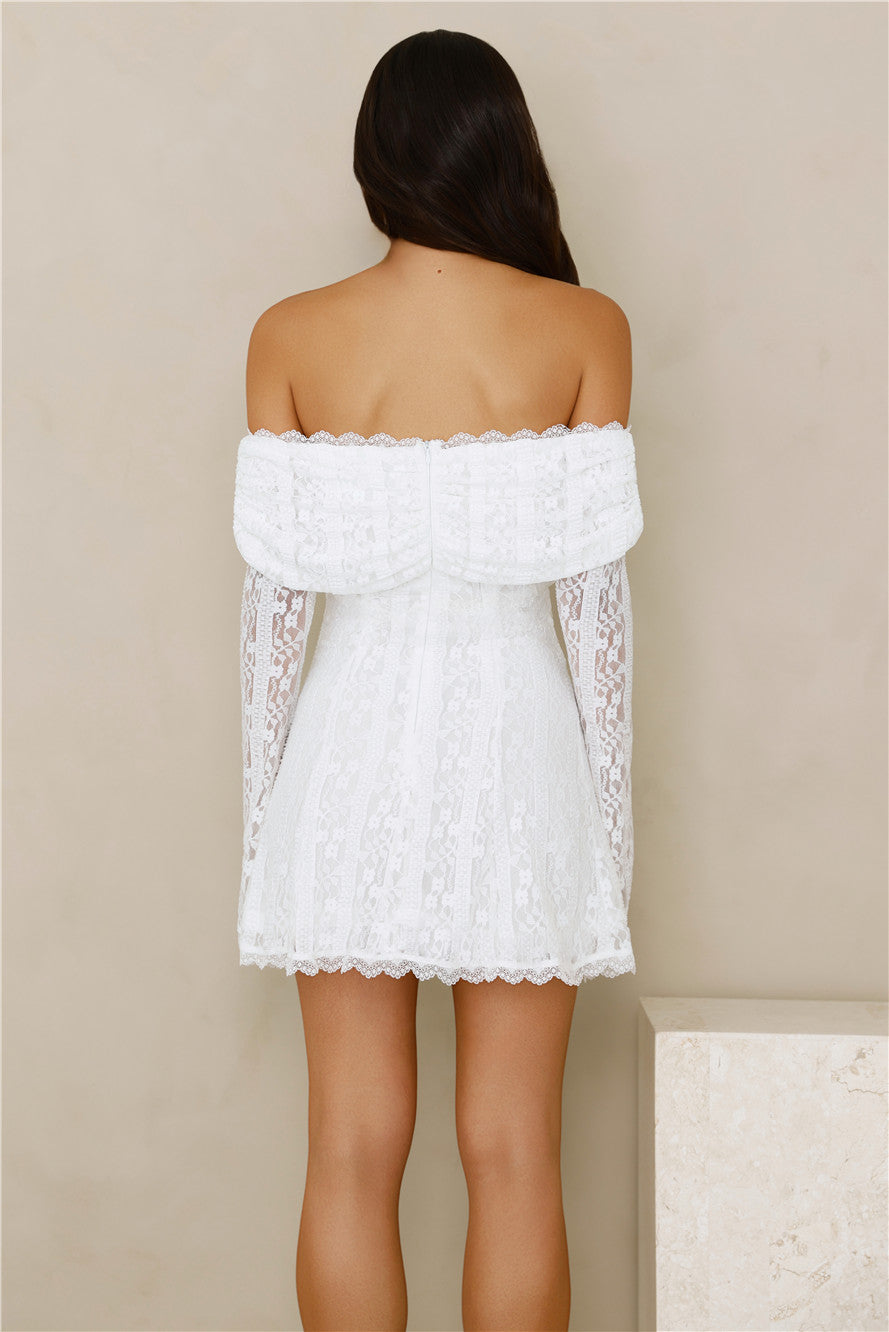 Secret Smile Lace Off Shoulder Mini Dress White