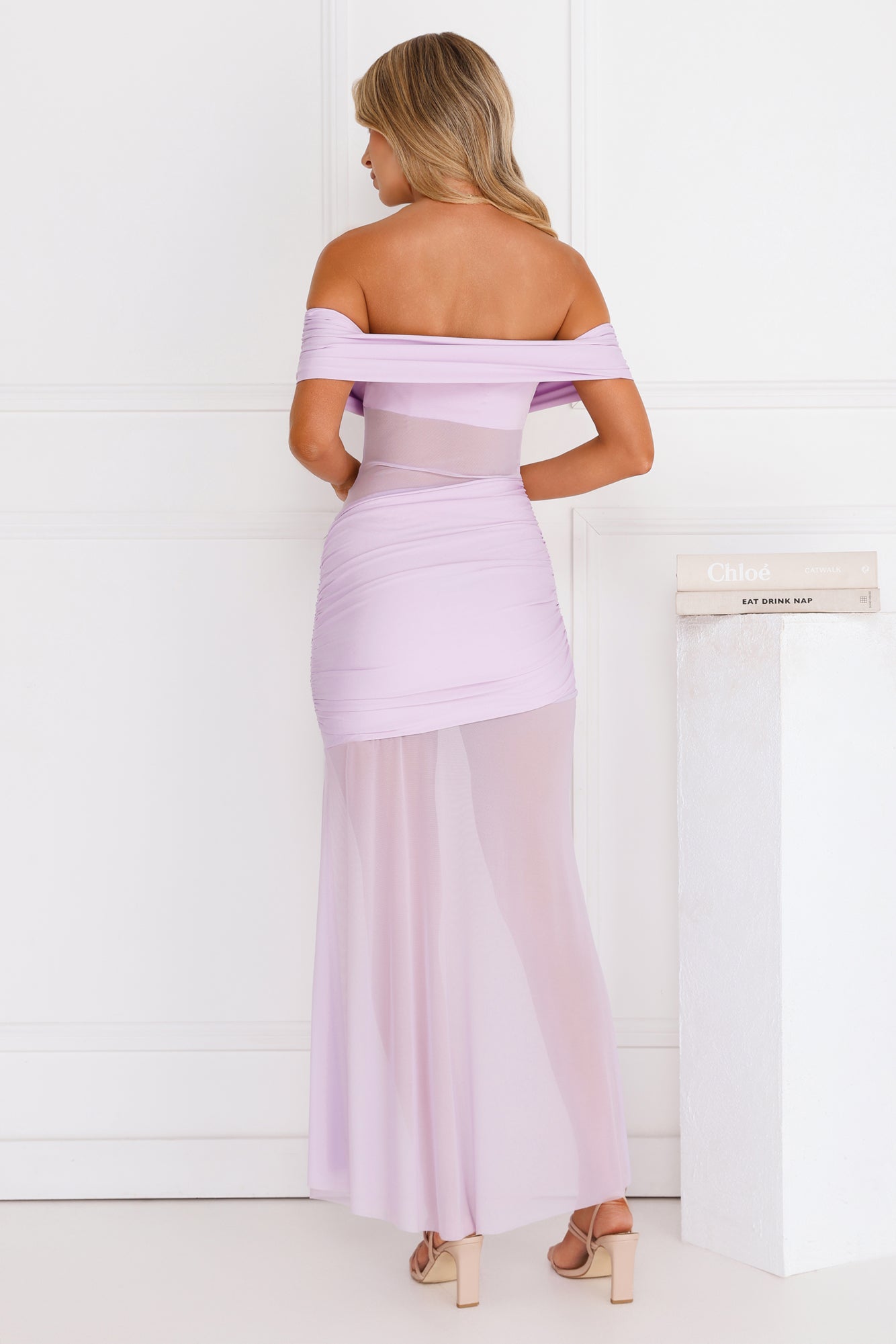 Subtle Spark Off Shoulder Mesh Maxi Dress Lilac
