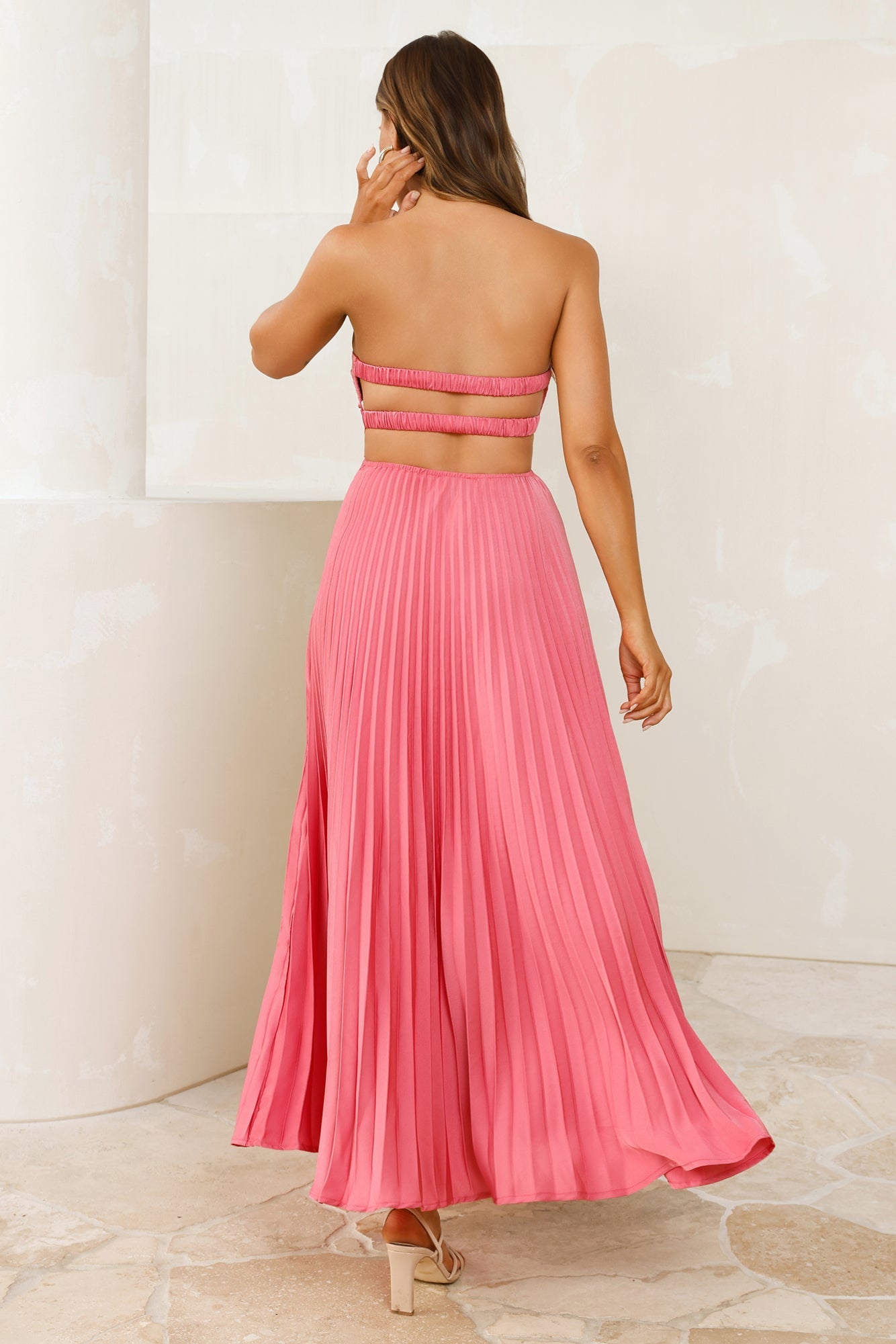 Vibes Are Priceless Strapless Satin Pleated Maxi Dress Rose