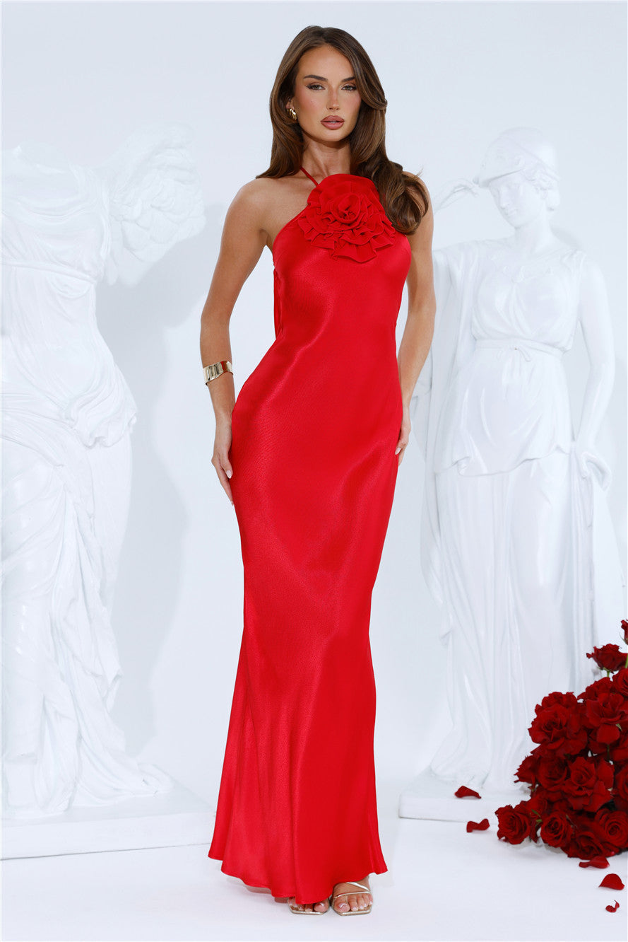 Piazza Nights Satin Maxi Dress Red