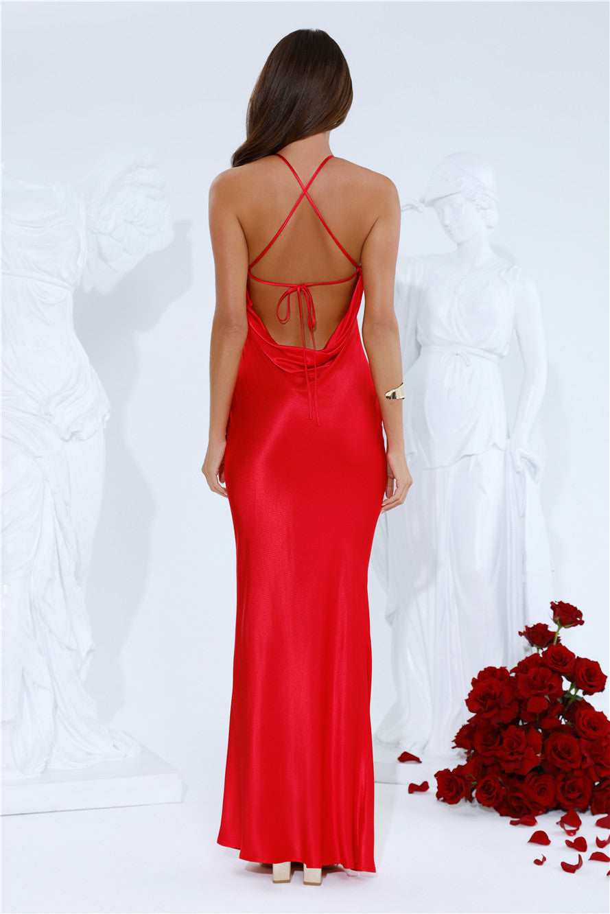 Piazza Nights Satin Maxi Dress Red