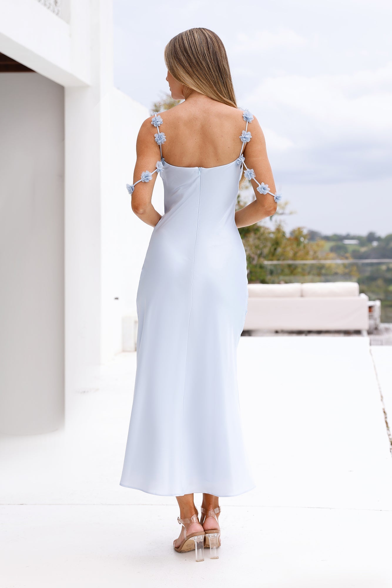 Silk Shadows Satin Midi Dress Blue