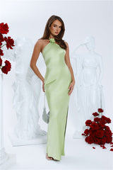 Clover Fields Satin Halter Maxi Dress Lime