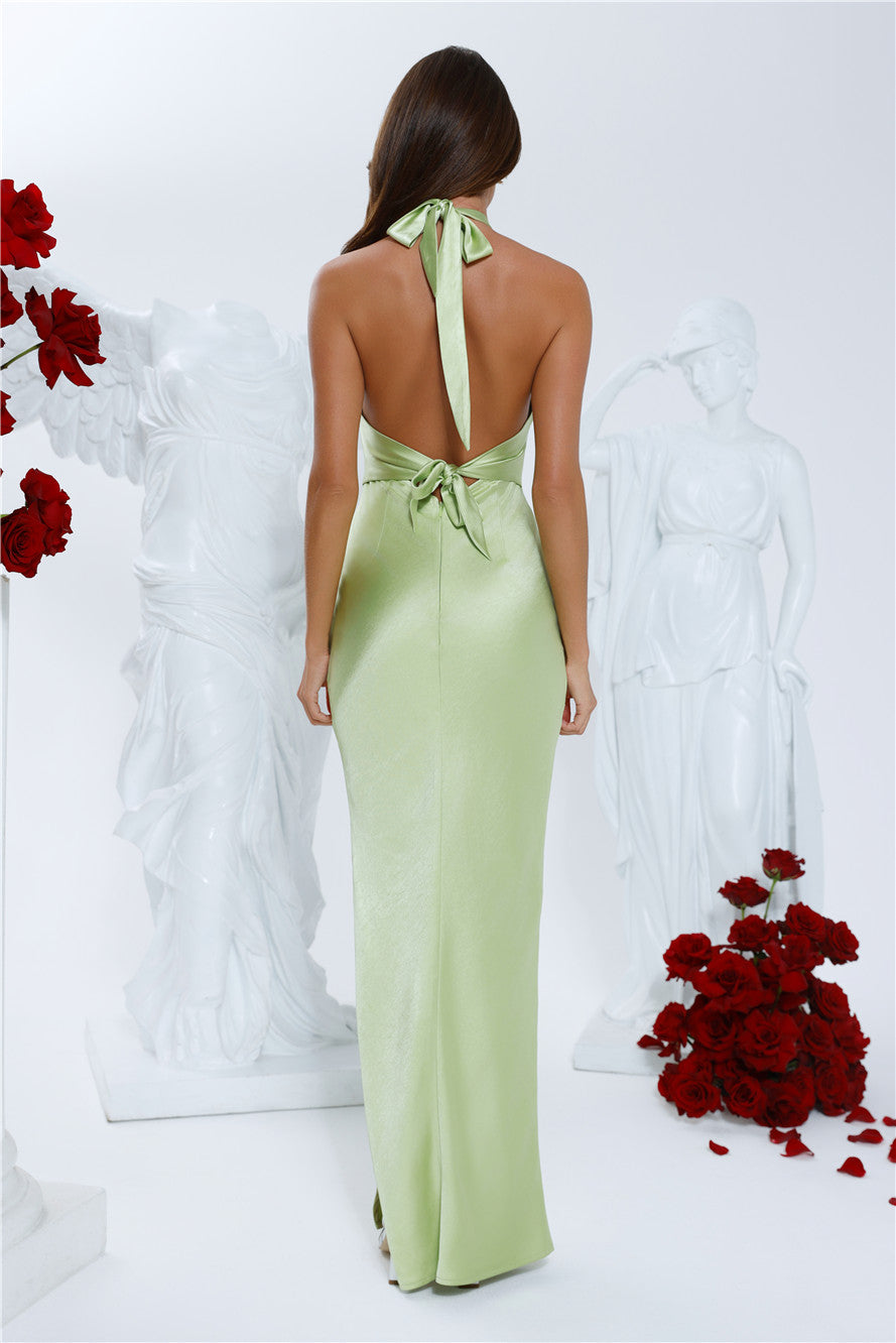 Clover Fields Satin Halter Maxi Dress Lime