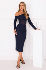 More To Want Long Sleeve Mesh Midi Dress Navy