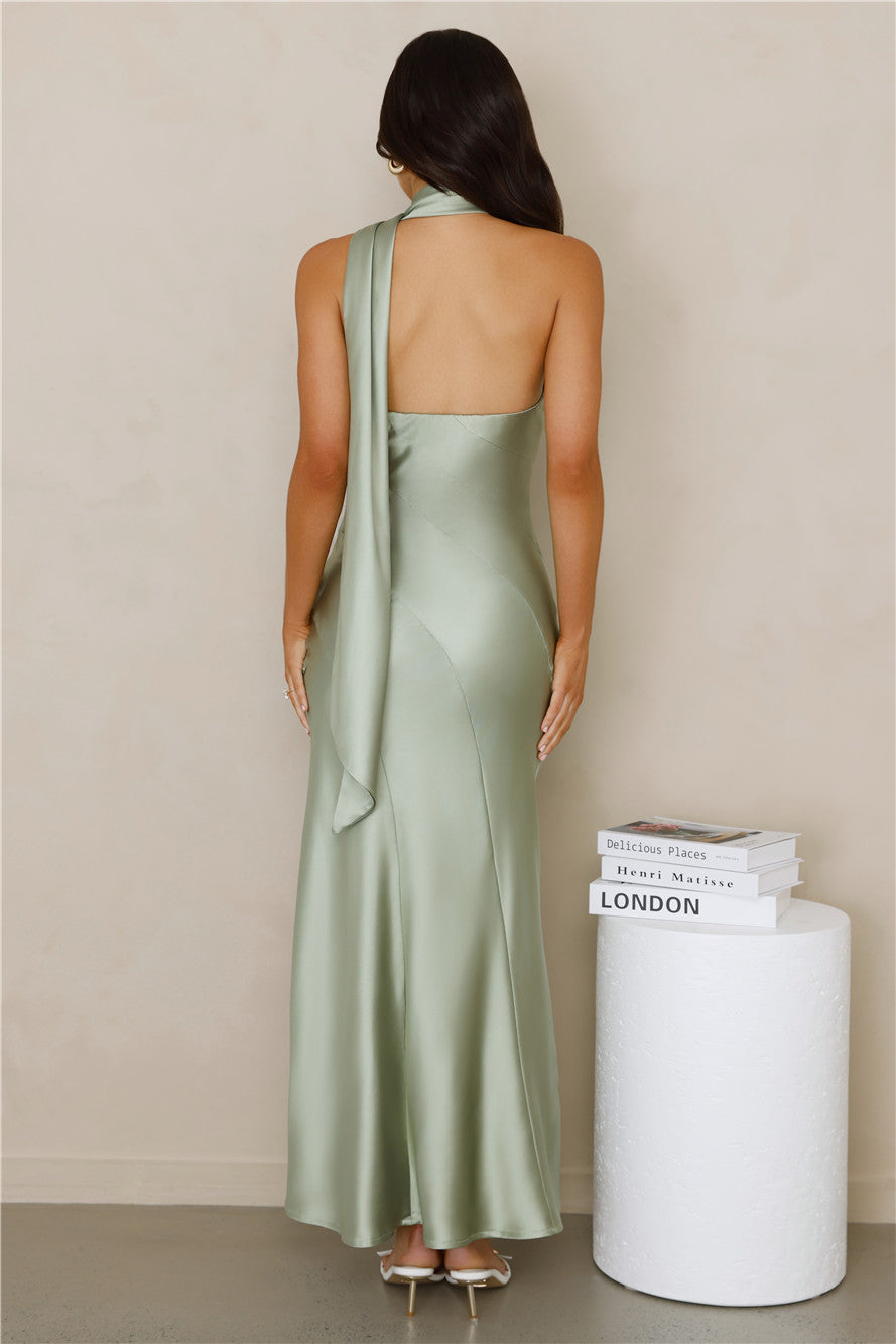 Kissed By Moonlight Satin Maxi Dress Sage