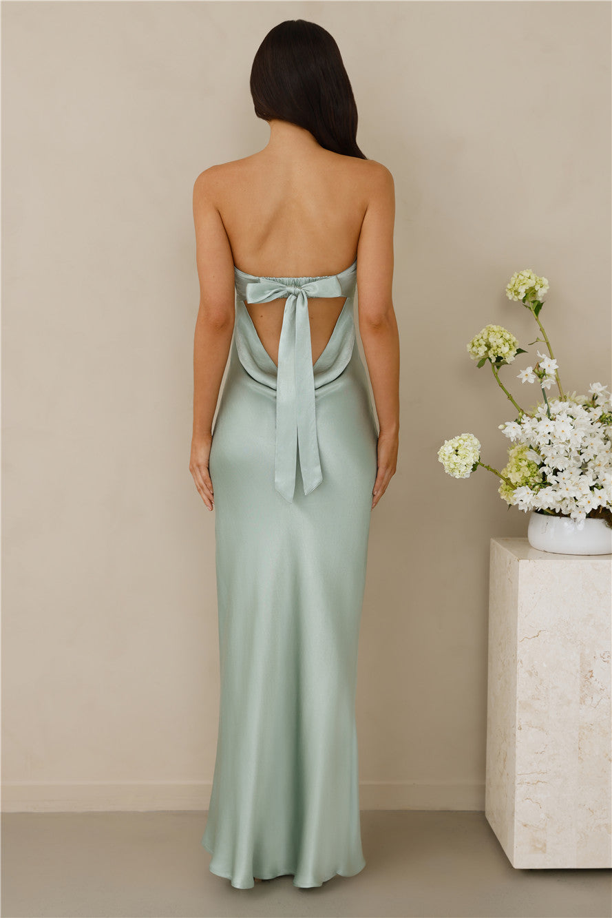 The Felicity Strapless Satin Maxi Dress Sage