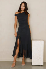 Effortless Girl Off Shoulder Mesh Midi Dress Black