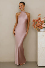The Cleo Halter Satin Maxi Dress Dusty Pink