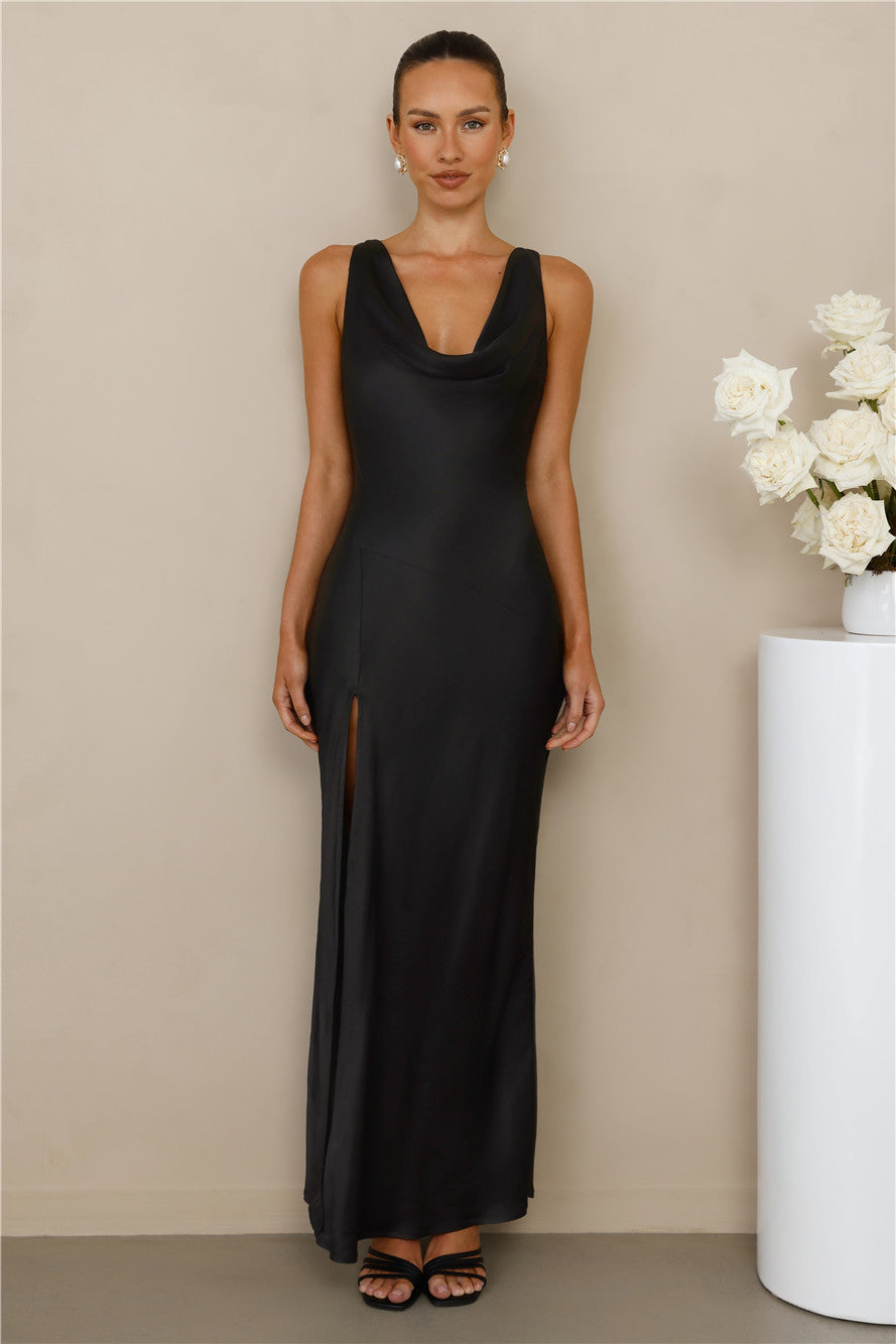 The Loretta Cowl Satin Maxi Dress Black