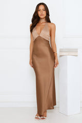 Gilded Grace Satin Maxi Dress Brown
