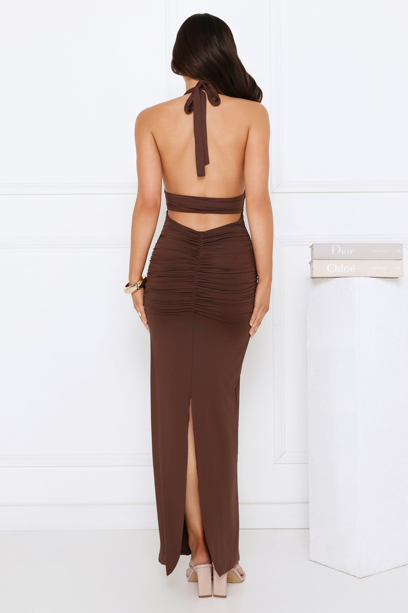 Starlit Elegance Halter Maxi Dress Brown