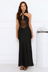 Formal Statement Halter Satin Maxi Dress Black