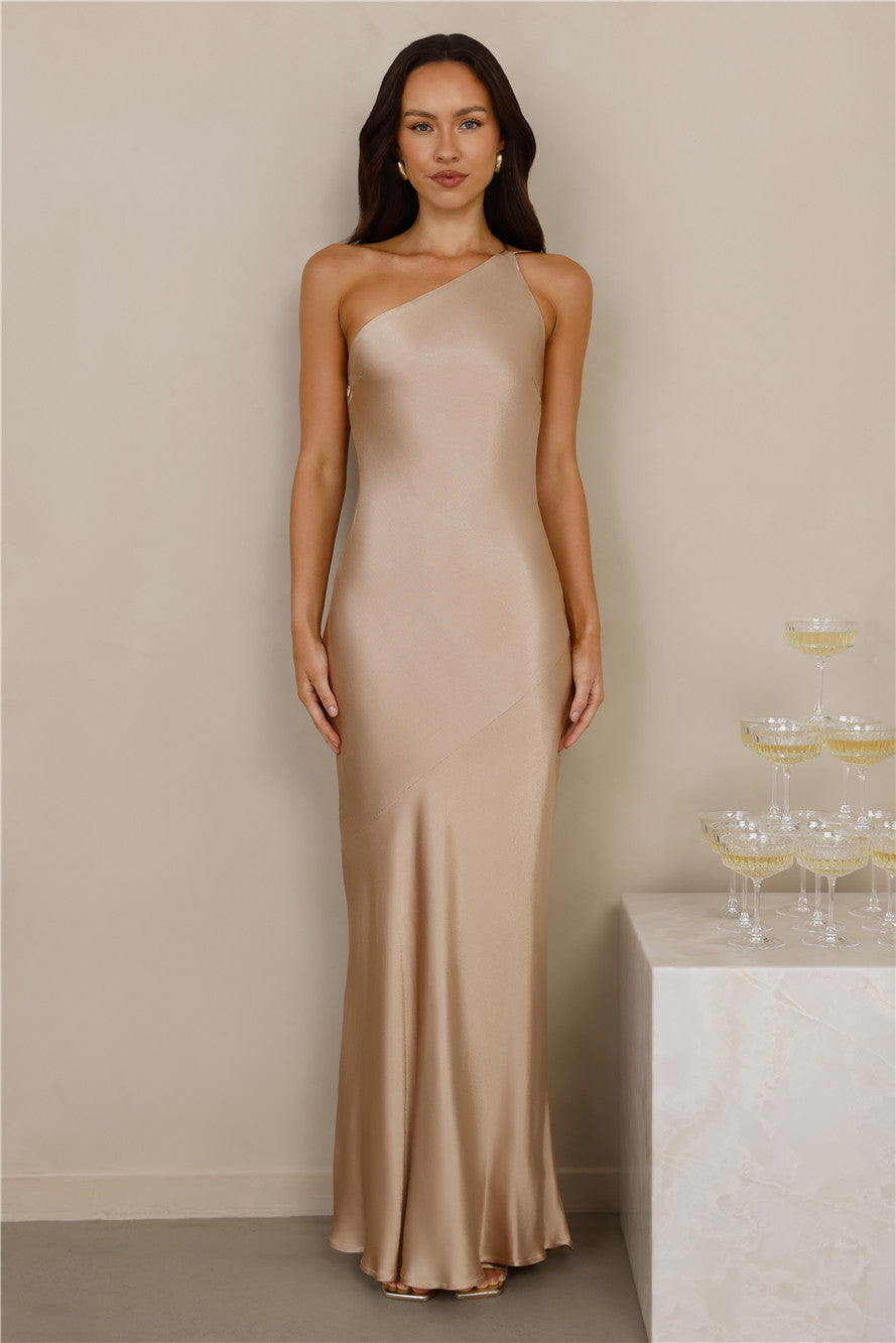 The Evangeline One Shoulder Satin Maxi Dress Champagne