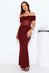 Swan Song Off Shoulder Mesh Maxi Dress Burgundy