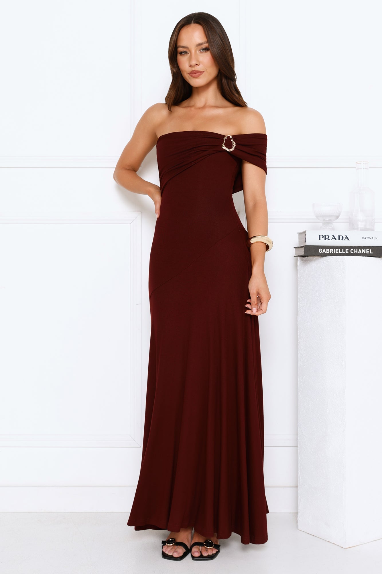 Dewdrop Daze One Shoulder Maxi Dress Burgundy