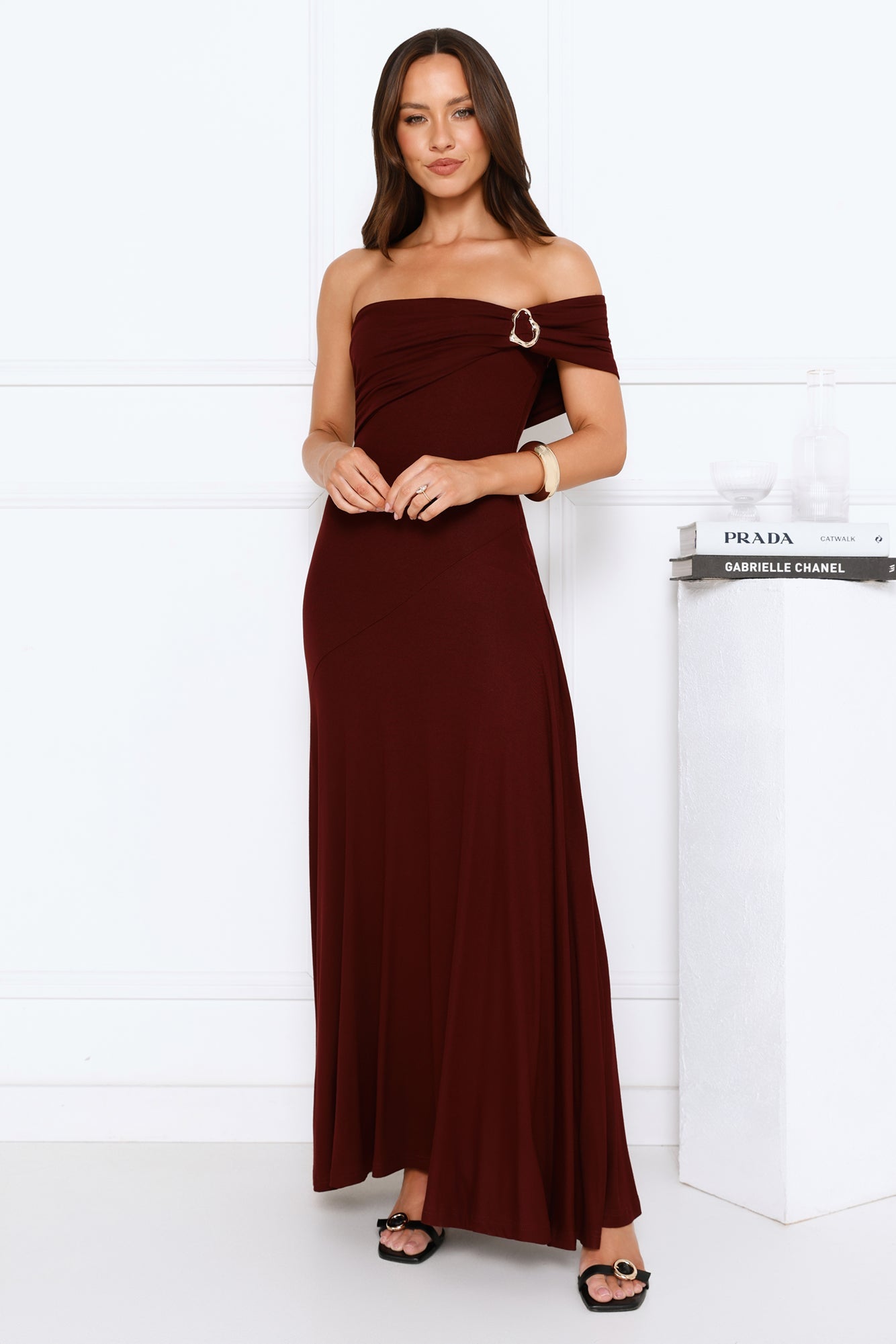 Dewdrop Daze One Shoulder Maxi Dress Burgundy