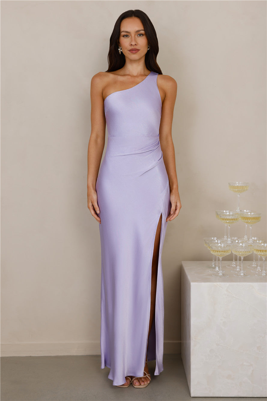 The Aurora One Shoulder Satin Maxi Dress Lilac