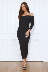 Chilled Luxe Off Shoulder Knit Maxi Dress Black
