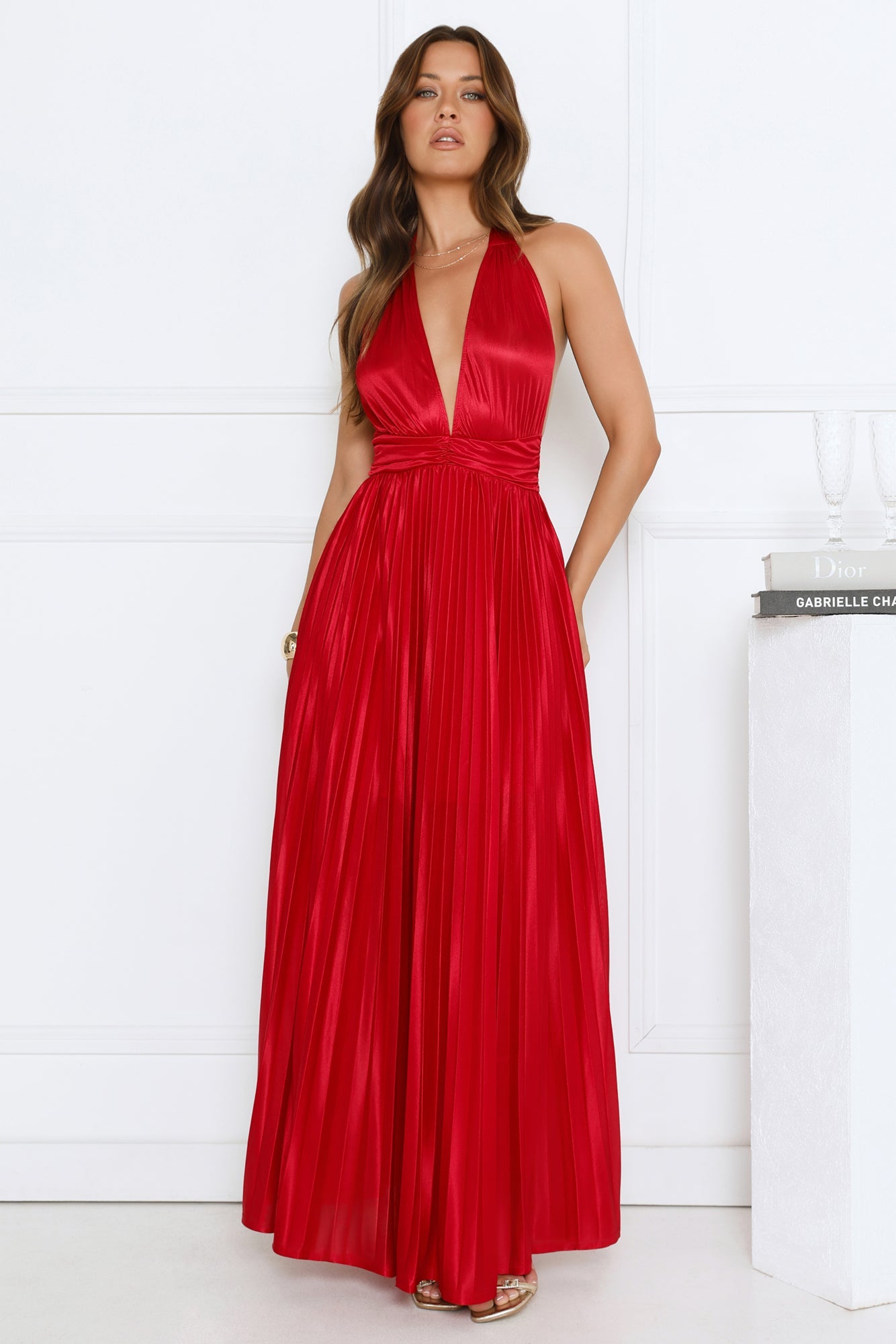 Shimmering Sea Pleated Halter Maxi Dress Red