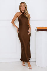 Majestic Girl Halter Satin Maxi Dress Brown