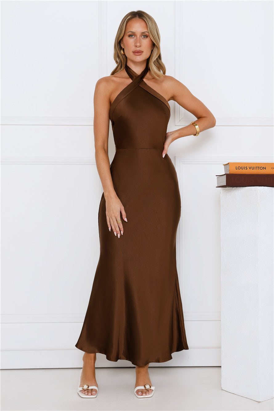 Majestic Girl Halter Satin Maxi Dress Brown