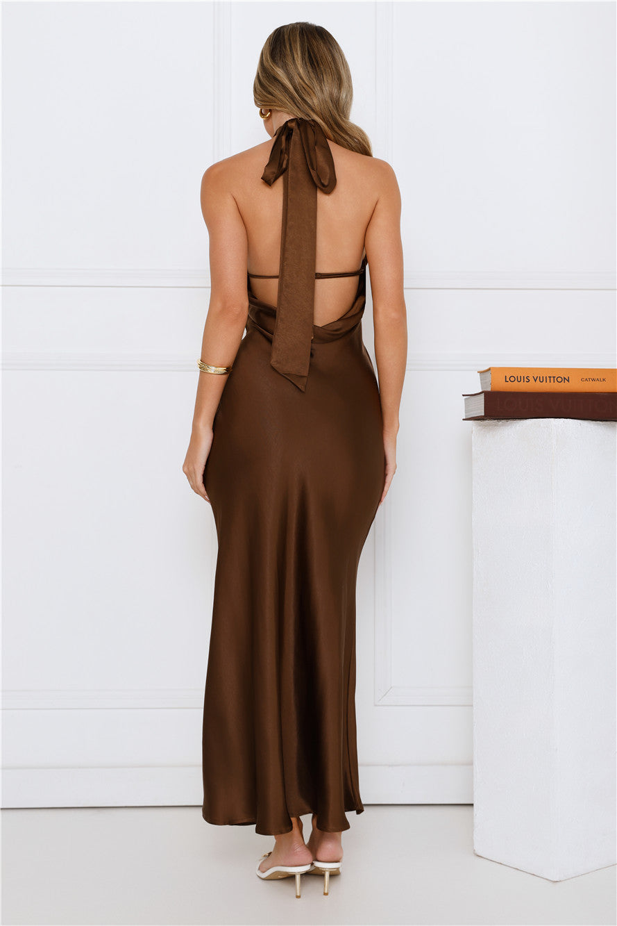 Majestic Girl Halter Satin Maxi Dress Brown