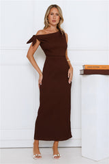 Polished Energy Off Shoulder Maxi Dress Brown