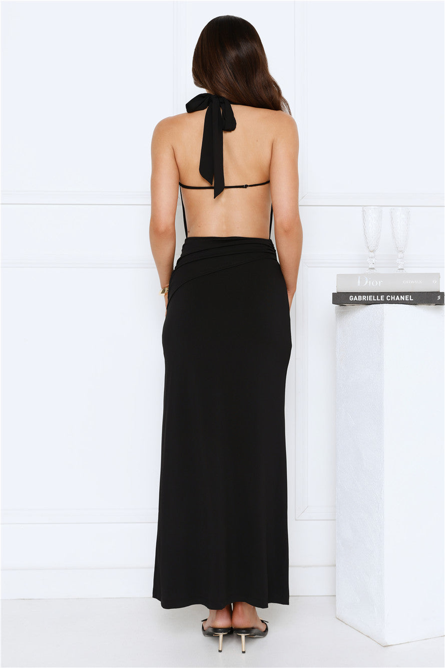 Silk Essence Halter Maxi Dress Black