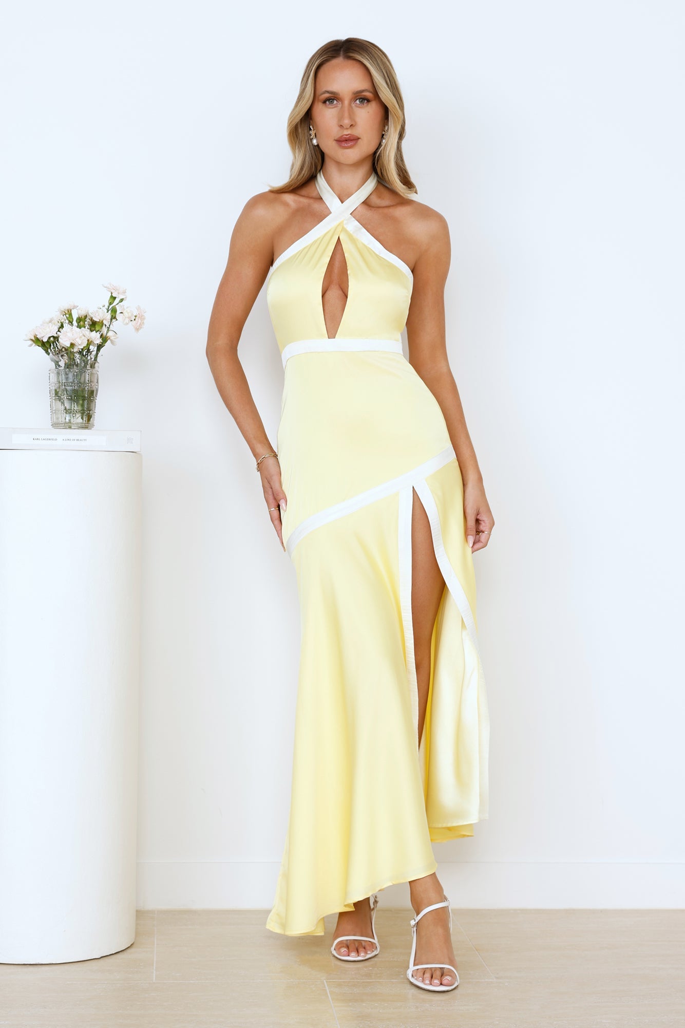 Mango Sunset Halter Satin Maxi Dress Yellow