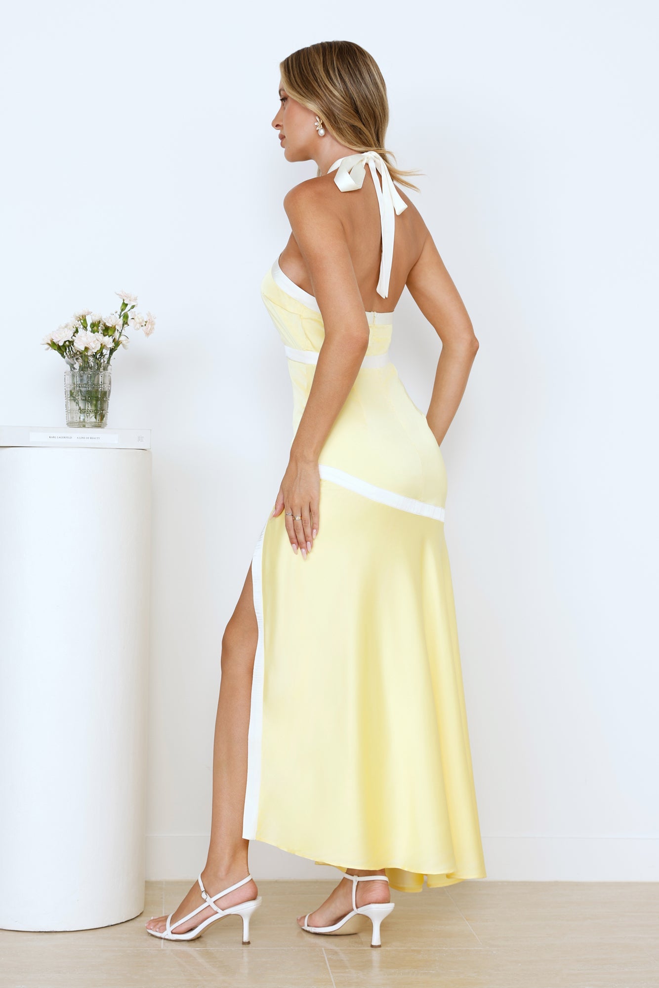 Mango Sunset Halter Satin Maxi Dress Yellow