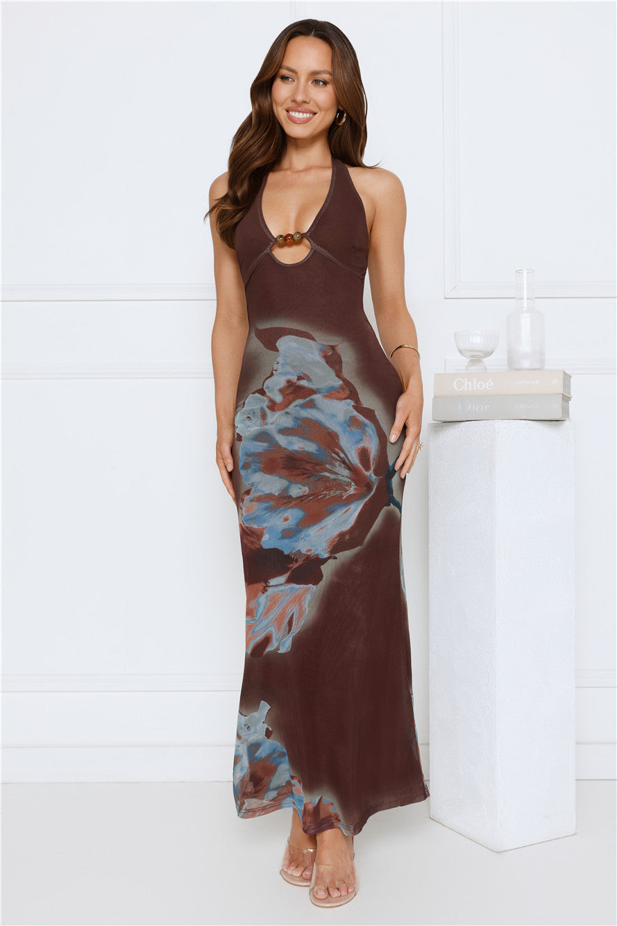 Vivi Halter Mesh Maxi Dress Brown