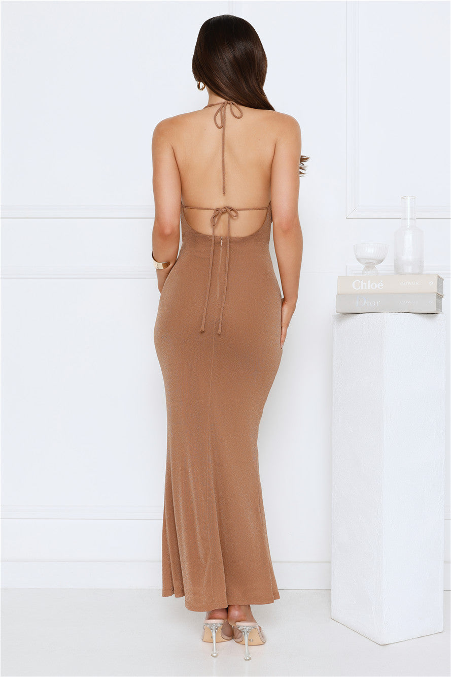 The Glow Club Halter Maxi Dress Brown