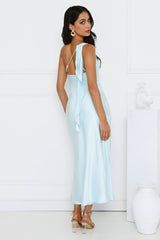 Romantic Tales Satin One Shoulder Maxi Dress Blue