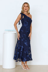 Glossy Girl One Shoulder Mesh Maxi Dress Navy