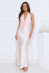 Petal Lane Mesh Satin Halter Maxi Dress Pink
