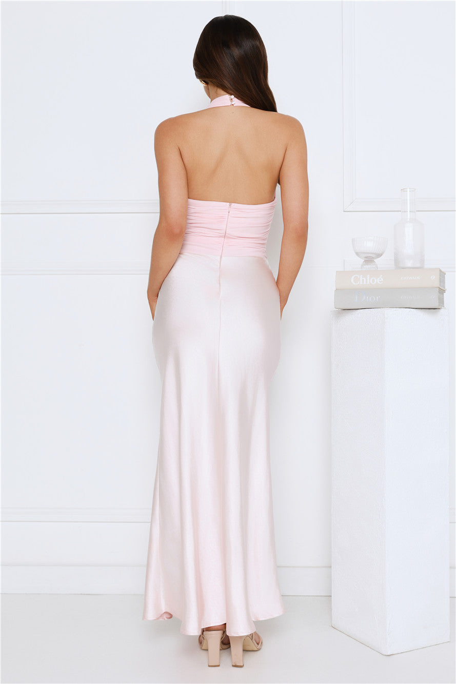 Petal Lane Mesh Satin Halter Maxi Dress Pink