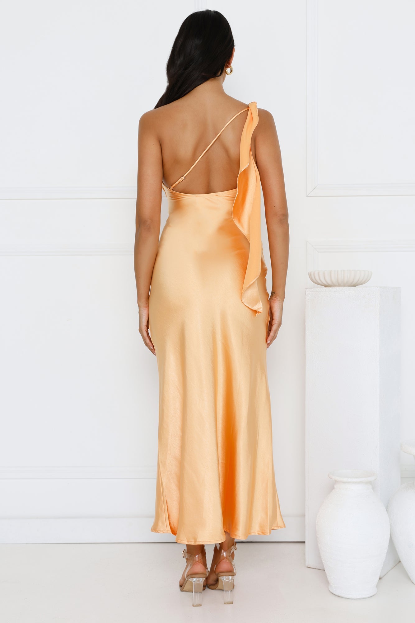 Romantic Tales Satin One Shoulder Maxi Dress Orange