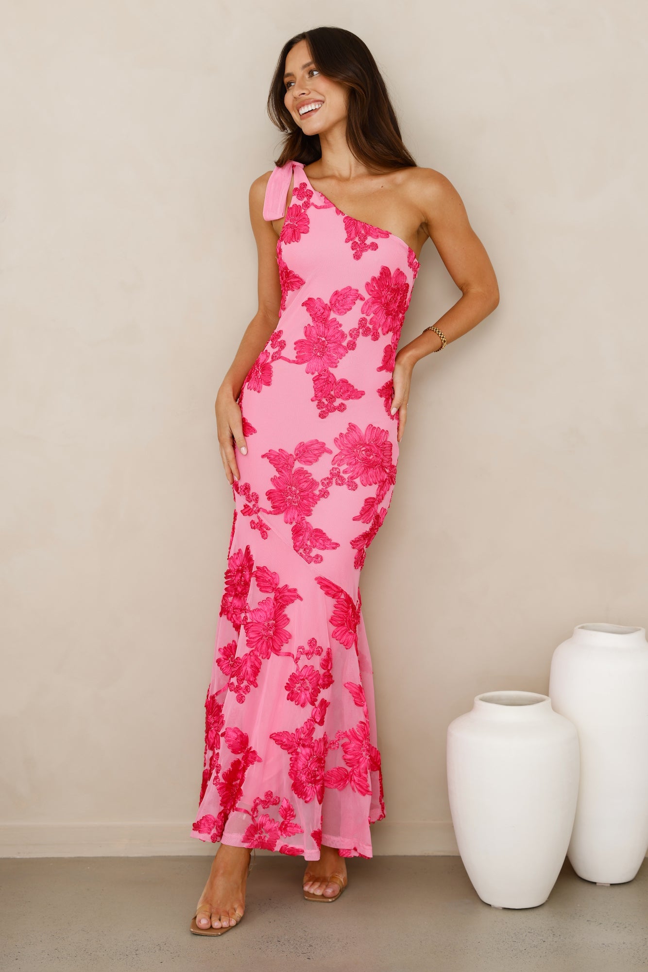 Glossy Girl One Shoulder Mesh Maxi Dress Pink