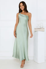 Romantic Tales Satin One Shoulder Maxi Dress Sage