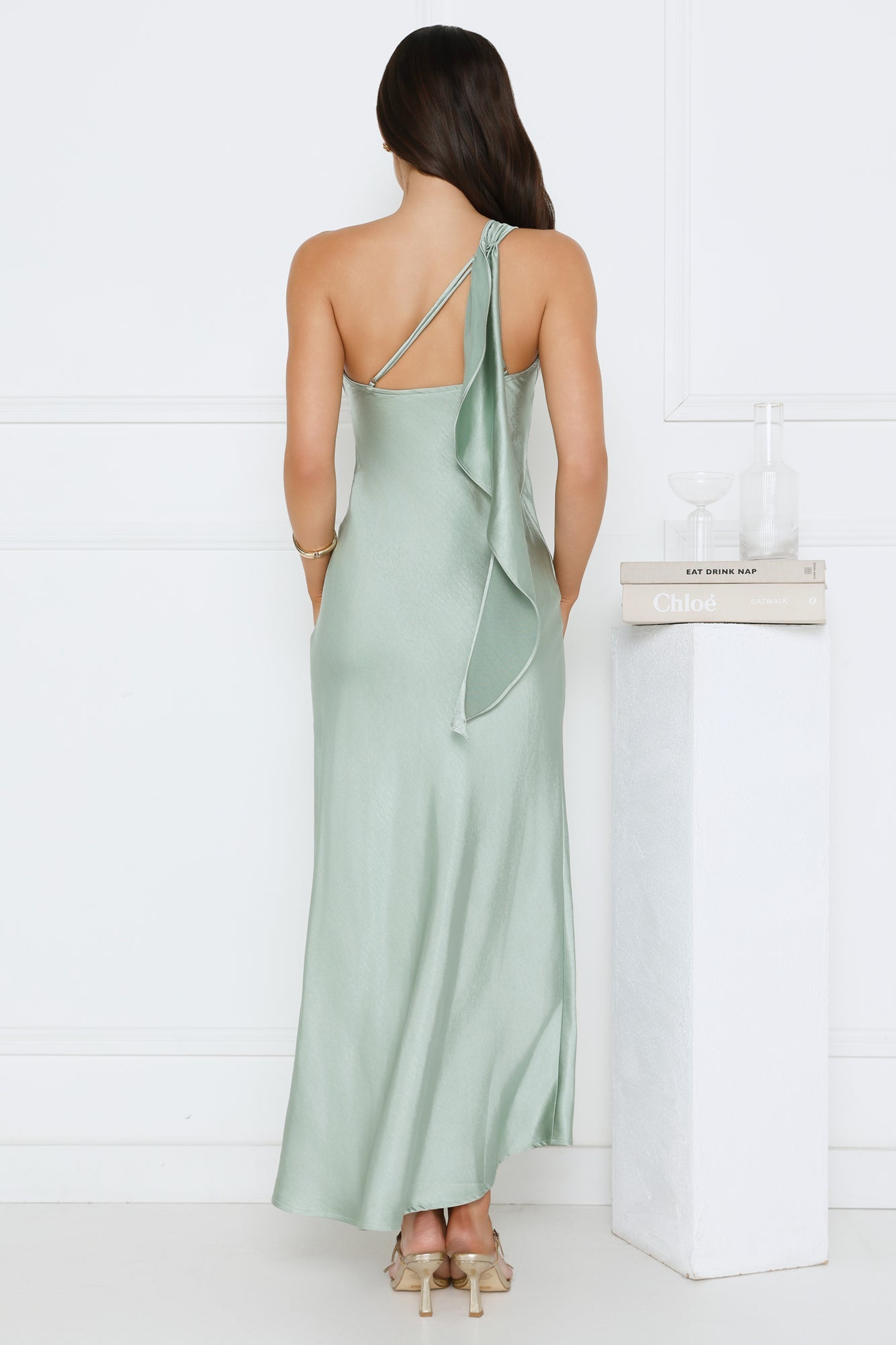 Romantic Tales Satin One Shoulder Maxi Dress Sage