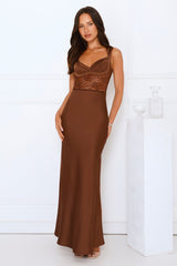 Permission To Party Satin Maxi Dress Brown