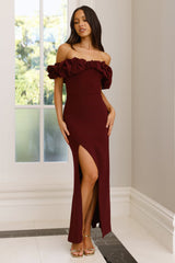Manhattan Nights Off Shoulder Maxi Dress Maroon