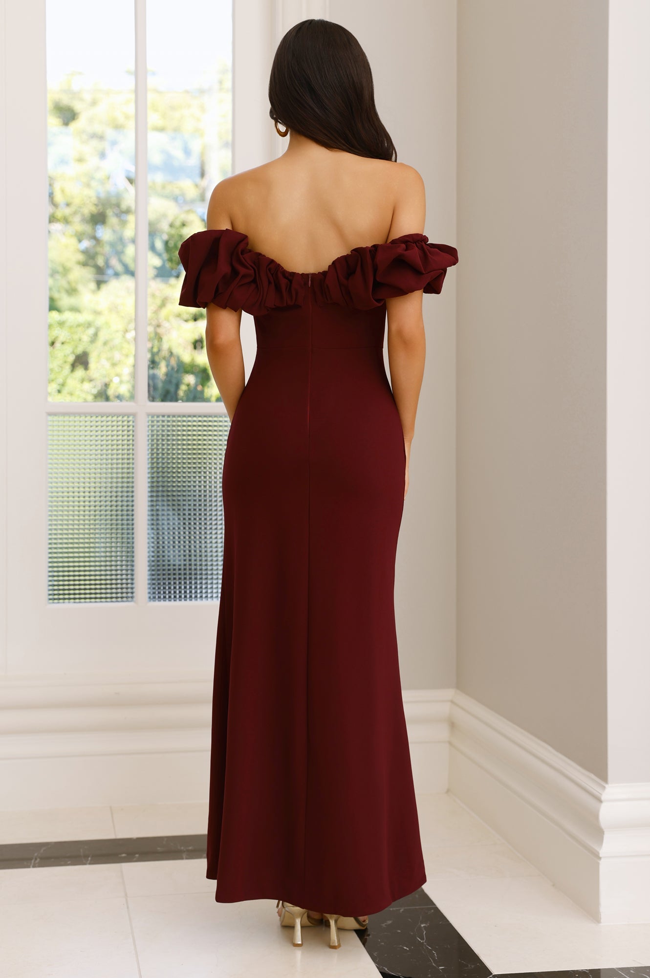 Manhattan Nights Off Shoulder Maxi Dress Maroon