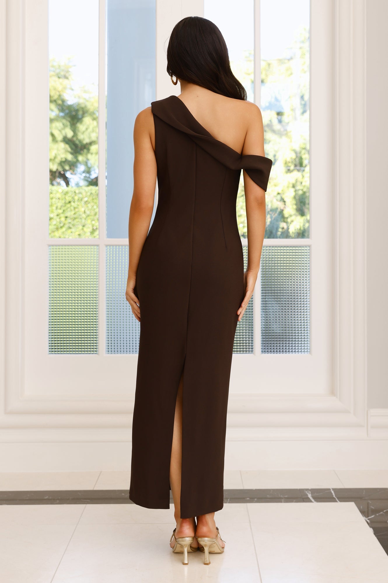 Shadow Whispers Off Shoulder Maxi Dress Brown