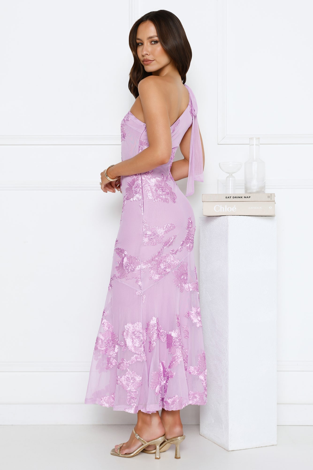 Glossy Girl One Shoulder Mesh Maxi Dress Lilac