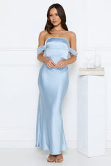 Hot Girl Diaries Off Shoulder Satin Maxi Dress Blue